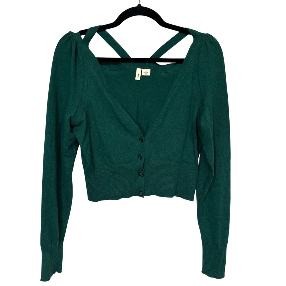 Anthropologie Moth Emerald Green Micro Button Cardigan Med Cut Out Back V-Neck